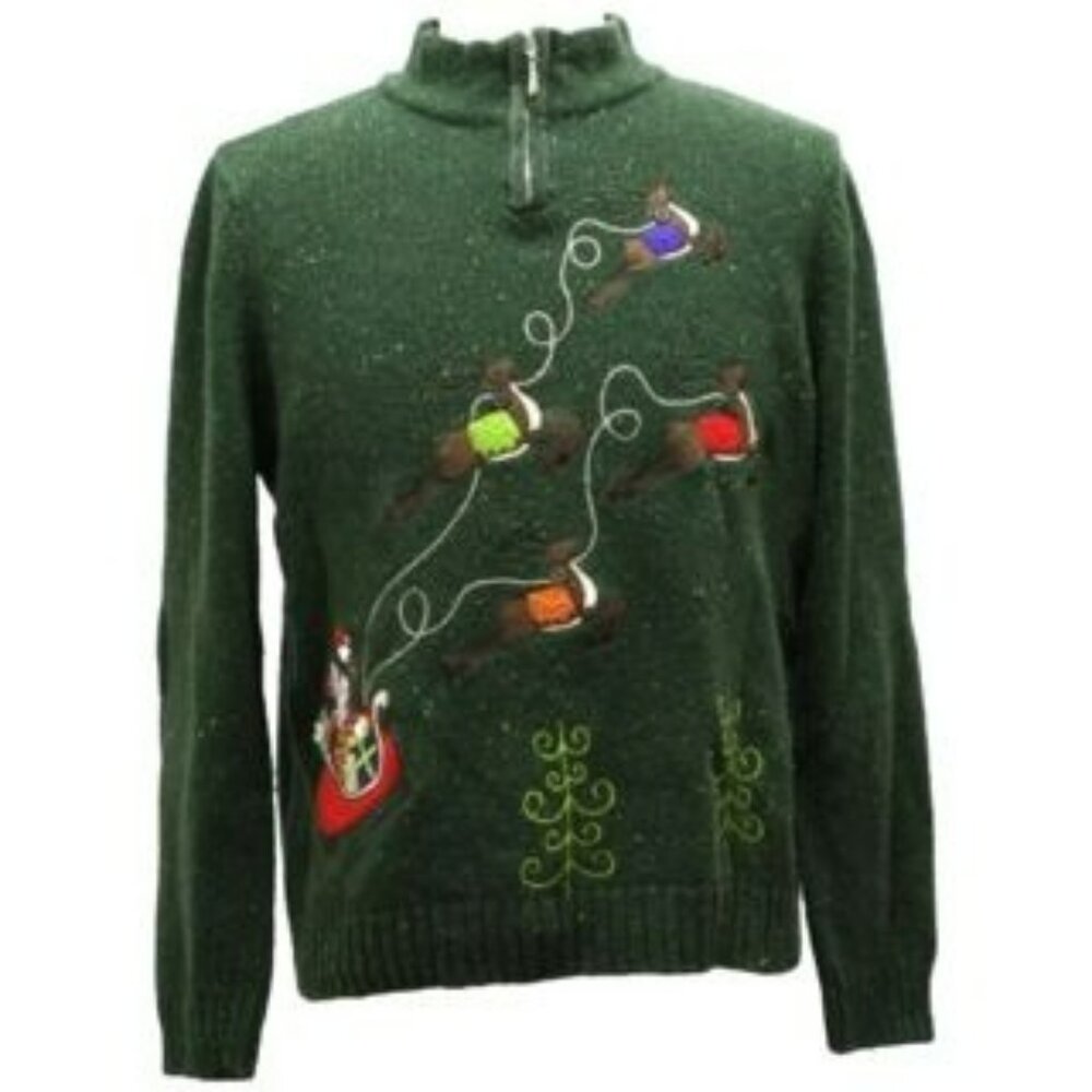 Christopher & Banks Wool Reindeer Zip Christmas Holiday Ugly Sweater XL Green